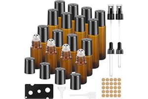 Lociban 16 Pcs Roll On Vuoto per Oli Essenziali, Marrone Bottiglie Vuote in Vetro 5ml/10ml con Sfera in Acciaio Inossidabile, Bottiglie Spray Vuoto per Aromaterapia Profumi Viaggio Massaggi