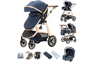 Kakbgee - Cochecito combinado 3 en 1, cochecitos con asiento de coche ECE R129, cochecito de paseo ajustable en altura, capazo flexible convertible marco de aluminio para recién nacidos 0-4 años