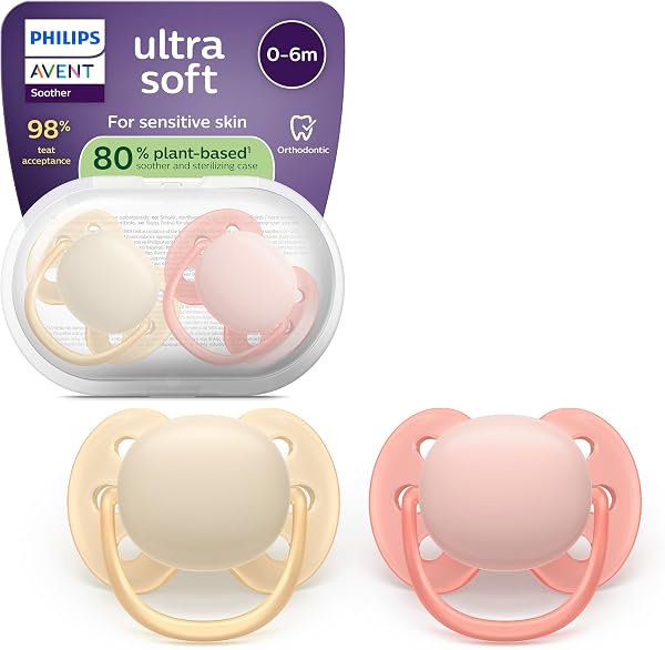 Philips Avent ultra soft Schnuller – kiefergerecht geformtes Design, für Babys von 0–6 Monaten, flexibles Saugerschild, symmetrischer Silikonsauger, BPA-frei, 2 Pack, SCF091/38 - 1