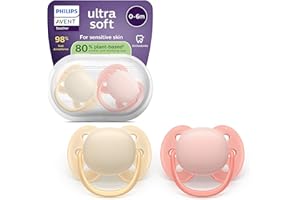 Philips Avent Sucettes ultra-douces - Tétines orthodontiques, pour bébés de 0 à 6 mois, collerette souple,en silicone souple d'origine végétale, sans BPA, lot de 2, SCF091/38