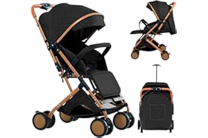 MUL-BOUTIQUE Poussette Pliable Multifonctionnelle, Dossier Réglable 175° Peut s'asseoir ou s'allonger, Auvent Ajustable, Roues Antichoc, 0-6 Ans, Avec coton et moustiquaire (Or Noir)