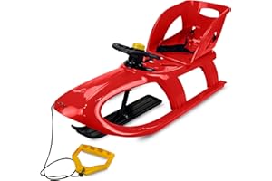 Prime Garden® Motoslitta Volante Premio, slitta per bambini, in plastica, per bambini, con corda di trazione, piedini in metallo, schienale (rosso)