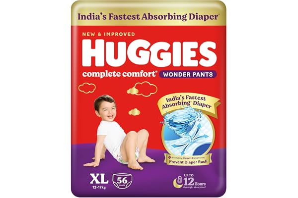 Huggies Complete Comfort Wonder Pants Pant Style Baby Diapers Extra Large Size, 56 Count India's Fastest Absorbing Diaper, Prevents Diaper Rash, Ideal for 12 to 17 Kgs