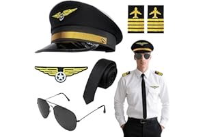 EUPSIIU 6 Pcs Airline Pilot Captain Hat Costume Accessories Set,Halloween Pilot Airplane Captain Costume Fancy Dress Kit, Aviator Hat, Armband Badge Tie Glasses, for Cosplay Dress up Party
