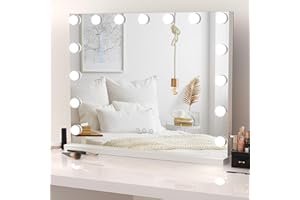 Dripex Hollywood Vanity Mirror with Lights, 58×45cm Large Lighted Makeup Mirror with 15 Dimmable Bulbs, 3 Color Modes, Touch Screen Control, Adapter Plug, Tabletop or Wall Mounted Mirror For Bedroom