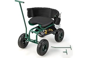 COSTWAY Asiento de Jardín con Ruedas, Carrito de Jardín con Asiento de Trabajo, Ajustable en Altura con Asiento Giratorio de 360° y Cojín, 2 Asas de Dirección, Taburete Móvil de Trabajo de Jardinería