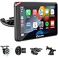 Carpuride w701 Pro Portable Car BT Stereo, Wireless Carplay & Android Auto with Backup Cam & SWC, Dual Bluetooth, Mirror Link/GPS/Siri/FM, Support Trucks Dashboard Mounted