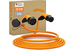 LAPP MOBILITY Câble de Charge de Voiture Électrique Type 2, 22 KW, 32 A, Auto-rétractable, Triphasé, Mode 3 - Câble de Charge Rapide EV - pour Wallbox et Station de Recharge de Voiture - Orange, 5m