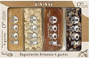 1880 - Degustación Turrones Artesana 4 Gustos 0% Azúcares Añadidos, Turrón de Crema, Turrón Imperial de Almendras, Turrón de Yema Tostada, Turrón de Chocolate con Almendras, 4 x 75g, Pack de 300g