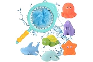 HAOUTDORY Juguete de Baño Bebé +1 Año,Juguetes de Agua para Niños con Cambio de Color y Pulverización,Juguetes de Baño con Animales Marinos y Red de Pesca