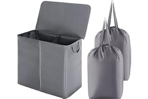 Lifewit 105 L Panier à Linge Double avec Couvercle et Sacs à Linge Amovibles, Panier à Linge Divisé avec Poignées, Grand Panier à Linge Séparé pour la Chambre, la Salle de Bain, le Tri du Linge, Gris