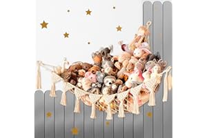 IDAHSOR Stuffed Animal Hammock Stuffed Animal Storage Holder Macrame Boho Plush Toy Net Hammock for Stuffed Animals with Light Pet Net for Stuffed Animals Corner Hanging Net for Kids Room (White)