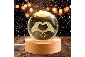 Litinliv 3D kryształowa kula lampa, grawerowane laserowo serce lampka nocna z drewnianą podstawą, wielokolorowe światło LED USB, romantyczny prezent dla dziewczyny, chłopaka, dekoracja sypialni