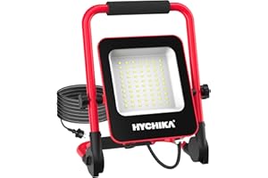 HYCHIKA BETTER TOOLS FOR BETTER LIFE HYCHIKA Faretto Led da Cantiere, 50W/5500Lm/IP65 Fari Led da Esterno Con Spina e Staffa Pieghevole, Rotazione 360°, Lampada da Lavoro per Edilizia, Officina, Campeggio, Garage