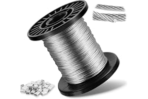 YOUSHANGRO 30M Cuerda de alambre, 1mm cable de acero inoxidable 304, núcleo 7x7 hilos, resistencia 100 kg, incluye 30 abrazaderas de aluminio, ideal para plantas trepadoras, tendedero exterior, lámpara colgante