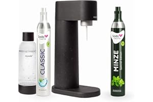 SODATASTE Sparpaket: Mysoda Woody - Wassersprudler aus erneuerbarem Holzkomposit mit 1L BPA-freier Plastikflasche, CO2-Zylinder Classic + CO2-Zylinder Minze (Schwarz)