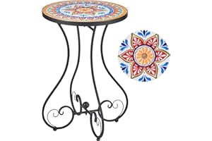 VONLUCE Round Side Table, Indoor and Outdoor Plant Stand, Small Coffee Table with 36cm Ceramic Tile Top for Patio Balcony, 53cm Tall Mosaic Garden Table, Living Room End Table or Bedside Table, Floral