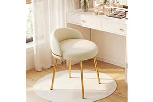 ‎HELLOVE Hellove Schminktisch Hocker Cute mit Gold Metallbeinen, Sitzhocker Moderne Rund Schminkhocker, Leder Makeup-Hocker, Schminktisch Stuhl mit Gebogene Lehne für Esszimmer,Schlafzimmer, Wohnzimmer,Beige