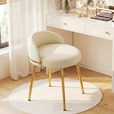 Tabouret De Maquillage Avec Dossier Bas Velours - Chaise Ronde Rembourrée Pieds Bois Style Milieu Du Siècle