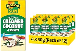 Tropical Sun 100% Pure Desiccated Creamed Coconut Sachets, 4 X 50g (Pack of 12) - For Food Sweetness & Flavor Enhancer
