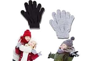 HXLJHALG 2 Pairs Kids Gloves for Kids Age 6-12 Years, Winter Warm Magic Gloves Stretchy Warm Knit for Boys and Girls (Black Grey)