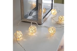 Lights4fun Filo di 16 palle di vimini illuminate a LED bianchi a pile