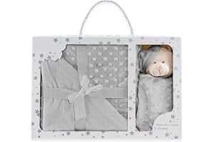 various Baby filt set med Doudou Beary, grå | Filt 80 x 110 cm i polyester sammet + bifogad plysch 28 x 17 cm, mjuk känsla, p