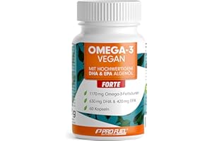 ‎PROFUEL Omega-3 vegan FORTE - 60 Kapseln - 2000 mg Algenöl pro Tag - hochdosiert mit 630mg DHA + 420 mg EPA - vegane Omega-3 Algenöl Kapseln - DHA:EPA Verhältnis 3:2 - laborgeprüft mit Analyse-Zertifikat