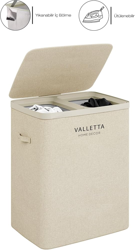 valletta Paloma 100l Çift Yıkanabilir Bölmeli Katlanabilir Kumaş Kirli Çamaşır Sepeti Cappuccino Beige XL