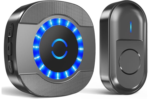 SURFOU Sonnette sans Fil Exterieur Étanche, 300M Sonnette Longue Portée avec Récepteurs Enfichables, Carillon Electronique Kit pour la Maison, LED Bleu, 55 Mélodies, 5 Niveaux Volumes, Noir