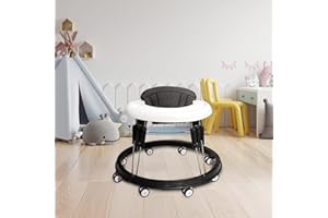 Alivio Foldable Baby Walker with 9-Level Height Adjustment, Wide Base Design, 360° Protection, Easy Folding & Storage Activity Walker for Babies 6-18 Months (Black & White)