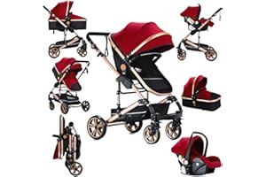 Sianldcone 3-in-1 Pushchair, High-Quality Fabrics Pushchair Set, Two-Way Sliding Function Travel Systems, Open View Combination Pram, 3-in-1 Complete Set (739 Red)