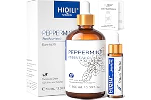 HIQILI Huile Essentielle Menthe Poivrée 100ml, Peut Être Ajoutée aux Sprays, Diffuseurs, Convient pour l'Intérieur, le Camping, la Randonnée, Livré Avec un Flacon de Voyage de 10ml