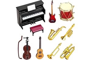 SHOWHEEL Miniatur Zubehör,10 Stück Puppenhaus Mini Musikinstrument Modell,Miniatur Puppenhaus Set,Miniatur Deko Mini Puppenhaus,1:12 Klavier E-Gitarre Miniatur Geige Trompete Saxophon