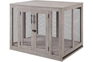 unipaws Large Dog Crate Furniture, Dog Crate with Cushion and Tray, Wooden Mesh Dog Kennels with Double Doors, End Table Dog House, Weathered Grey