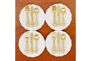Odoria 1/12 Miniatura 4pz Platos y 12pz Cubiertos Cocina Accesorio para Casa de Muñecas, Dorado