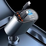 Retrattile Caricabatterie Auto, Euakee 60W Caricatore Auto USB Cavi di Ricarica Veloce 2.6Ft con Voltmetro LED, 4 in 1 Auto A