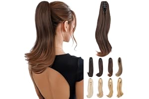 Elailite Coleta Postiza Pelo Liso Marrón Medio/Castaño Rojizo Claro Claw Clip in Ponytail Extensiones de Caballo Puntas Onduladas 40cm 100g