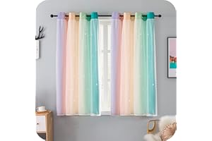 GIRASOLE HOME® Coppia Tende Doppio Velo Oscuranti Morbide Fantasia Stelle Vuote Tenda Isolante per Camera e Cameretta Bambini 2 Pannelli con Occhielli (140x145cm, Arcobaleno Caldo)