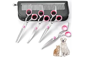 GoldOars Hundeschere Fellschere, 6 in 1 Gebogen Hunde Scheren Set Profi, Edelstahl-Effilierschere für Hunde und Katzen - mit 7,5-Zoll-Schere, Ausdünnung Schere, Gebogene Schere, Grooming Kamm
