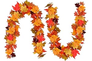 FEILOREVA 2 Pack 175cm Artificial Maple Leaf Garland, Autumn Fall Hanging Vine Decoration for Thanksgiving, Halloween, Wedding, Fireplace, Christmas, Indoor Outdoor Autumn Foliage Decor