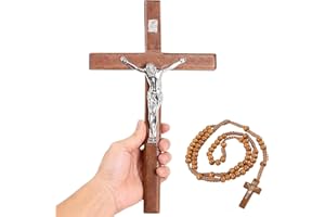 YI Boutique Crocifisso da parete, croci cattoliche fatte a mano da 20 cm, crocifissi con rosario, crocifisso in legno, croce cristiana (Marrone)