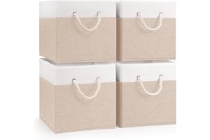 woodluv Storage Cube Boxes Large, Set of 4 Foldable Storage Basket for Cupboards, Shelves, Closet, Set of 4, Beige, 25 x 25 x 25 cm