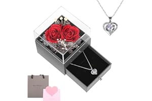 Sequpr Rosa Eterna con Collar, Caja Regalo Joyería de Flores Preservadas, Regalo Rosa Eterna Natural Preservada para Mujer Mama Cumpleaños Día de la Madre Navidad Aniversario Día de San Valentín