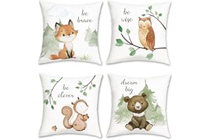 Bonhause Forest Animals Cushion Covers 45 x 45 cm Fox Bear Squirrel Owl Decorative Throw Pillow Covers for Kids Soft Velvet Pillowcases for Sofa Baby Nursery Room Decor Set of 4