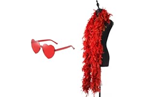 HAQATR 2Pcs Feather Boas & Heart Sunglasses Set,6.6ft/2M Natural Turkey Feathers ,Party Accessories Feather Scarffor Dancing Wedding Party Cosplay Halloween, Party Costume & Wedding Accessory(Red)