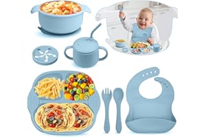 Bwaliffury Baby Geschirrset mit Saugnapf, 8 Stück Baby Geschirr Silikon Baby Teller Set, Silikon Babyteller Schüssel Lätzchen Löffel Gabel Deckel Kinderteller Set, BPA Frei, Spülmaschinenfest (Blau)