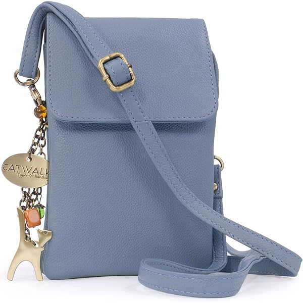befen Lederen handtas voor dames, middelgroot, crossbody tas, leer, RFID- blokkering, mobiele telefoon om te hangen, moderne kleine schoudertas voor dames, met verstelbare schouderriem, lichtblauw