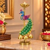 CraftVatika Elegant Metal Peacock Candle Holder - Perfect Home Decoration Diwali, Intricate Design Tealight Candle Holders fo