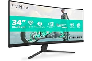 Philips Evnia 34M2C3500L - Monitor gaming curvo WQHD da 34 pollici, 180 Hz, 0,5 ms, FreeSync Premium, HDR10 (3440x1440, 2x HDMI, DisplayPort 1.4) grigio scuro